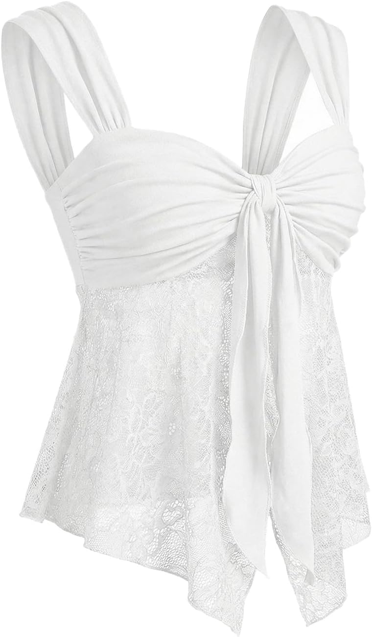 BEAUDRM Women's Y2k Lace Tank Top Sheer Mesh Asymmetrical Flowy Sweetheart Neck Sleeveless Going Out Party Club Rave Tops