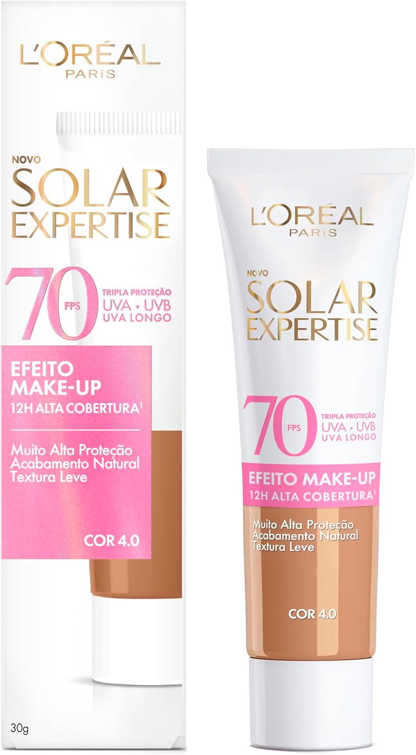 L’Oréal Paris Solar Expertise Efeito Makeup FPS 70, Protetor Solar Facial com Cor e Alta Cobertura de Base por 12H, Previne Rugas e Manchas, Cor 4.0, 40g