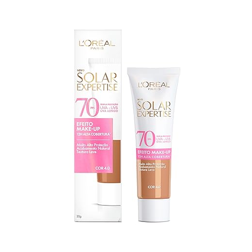 L'Oréal Paris Solar Expertise Efeito Make-Up, Protetor Solar com Cor FPS 70, Cobertura de Maquiagem por até 12h, Tripla Proteção Solar contra raios UVB, UVA, UVA Longo e Luz Visível Cor 4.0, 30g