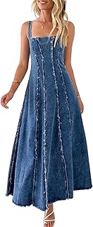 Women's Adjustable Spaghetti Strap Maxi Long Denim Dress A-Line Swing Distressed Jean Sun Dress - Buy now