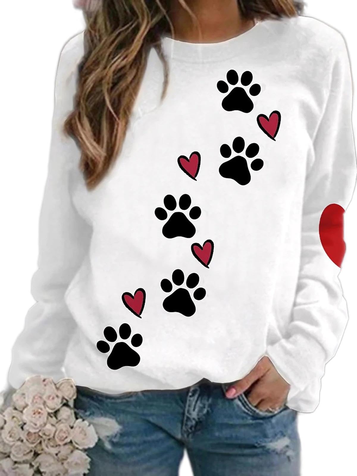 AkivideWomen Casual Sweatshirt Crew Neck Long Sleeve Cat Paw Heart Graphic Cute Pullover Tops