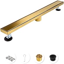 36 Inch Brushed Gold Linear Shower Drain | CUPC Certified 2-in-1 Tile Insert for Curbless Showers. 304 Steel, 15.8GPM Flow. Includes Hair Catcher & Adjustable Feet.