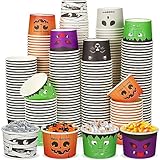 300 Pcs 8 oz Halloween Snack Cups - Disposable Candy Bowls, Dessert Bowls, Pumpkin and Skeleton Paper Cups for Ice Cream, Hot or Cold Food Party Supplies (Funny Face)