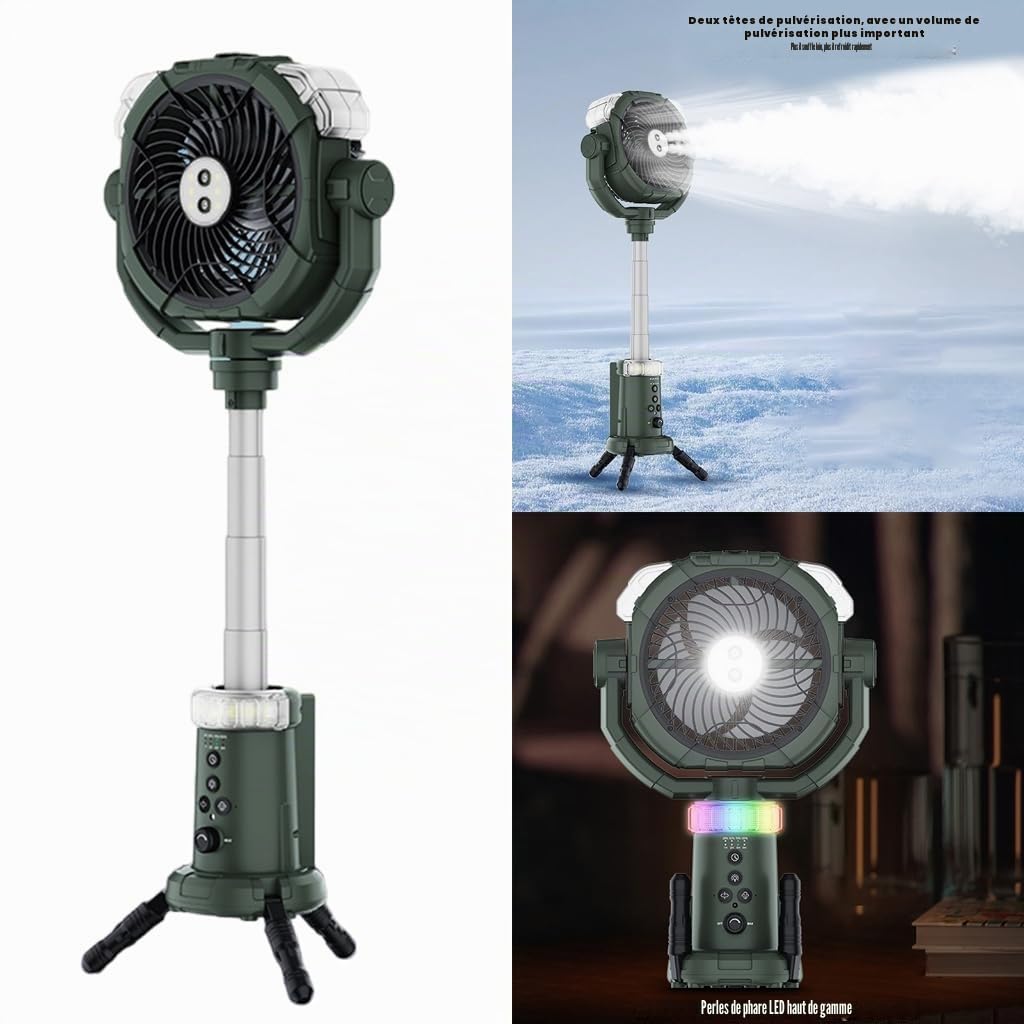 Ventilateur de sol portable à brume rechargeable à piles, hauteur réglable, oscillant, idéal pour le camping
