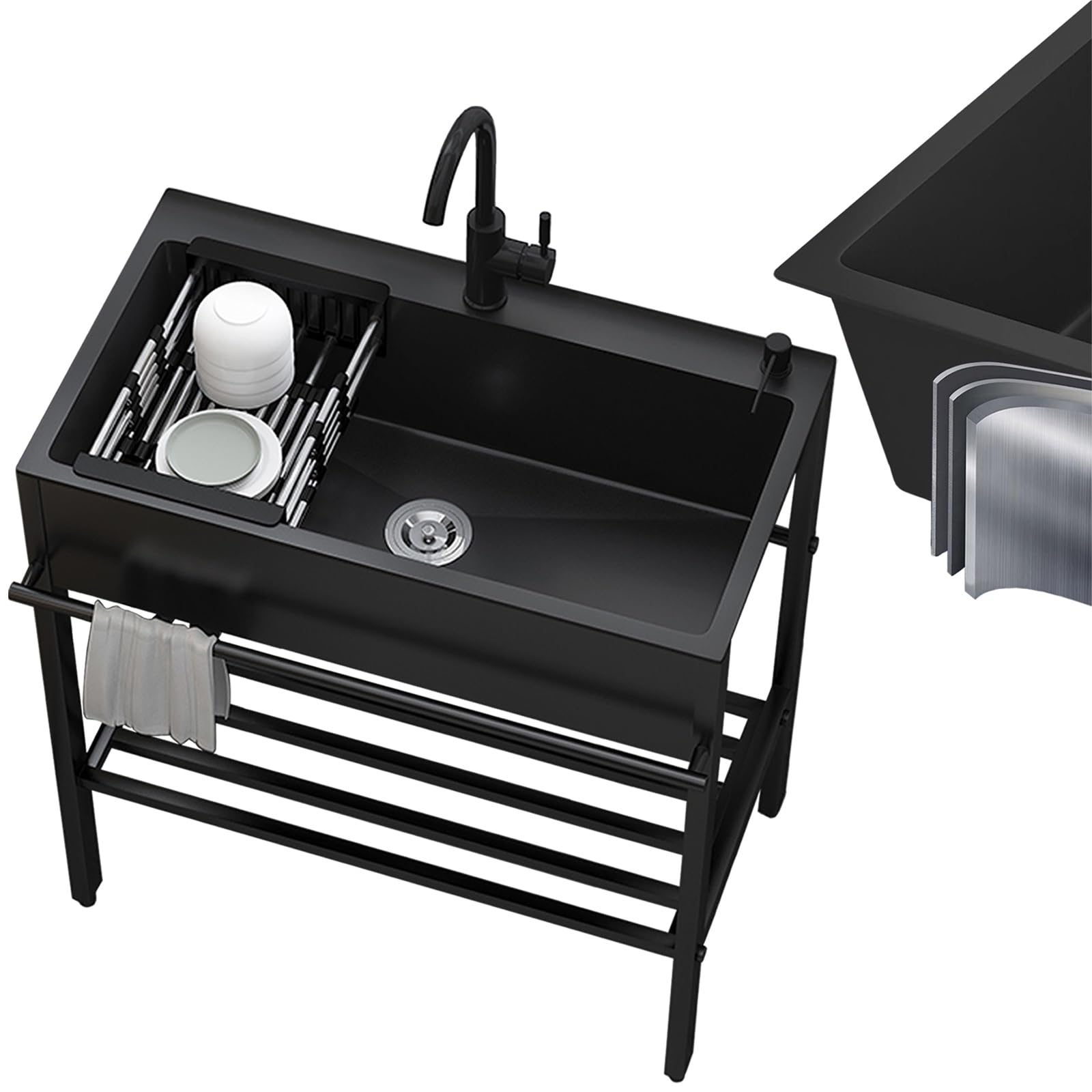 Edelstahl Spüle - Outdoor Garten Waschbecken, Edelstahl-Spüle Mit Lagerregal Platz Sparen, Langlebiges Waschbecken, Spülbecken Mit Armatur Freistehendes Mit Handtuchhalter