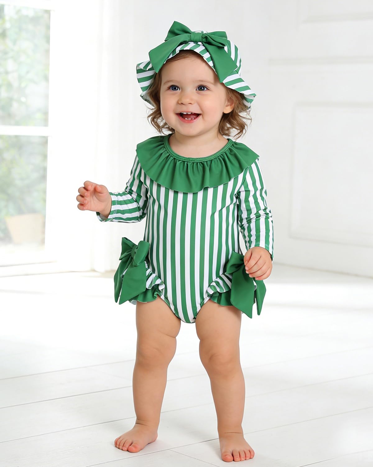 JiAmy Maillot de bain pour bébé fille avec chapeau de soleil, manches longues, protection UV, maillot de bain pour bébé fille - 2