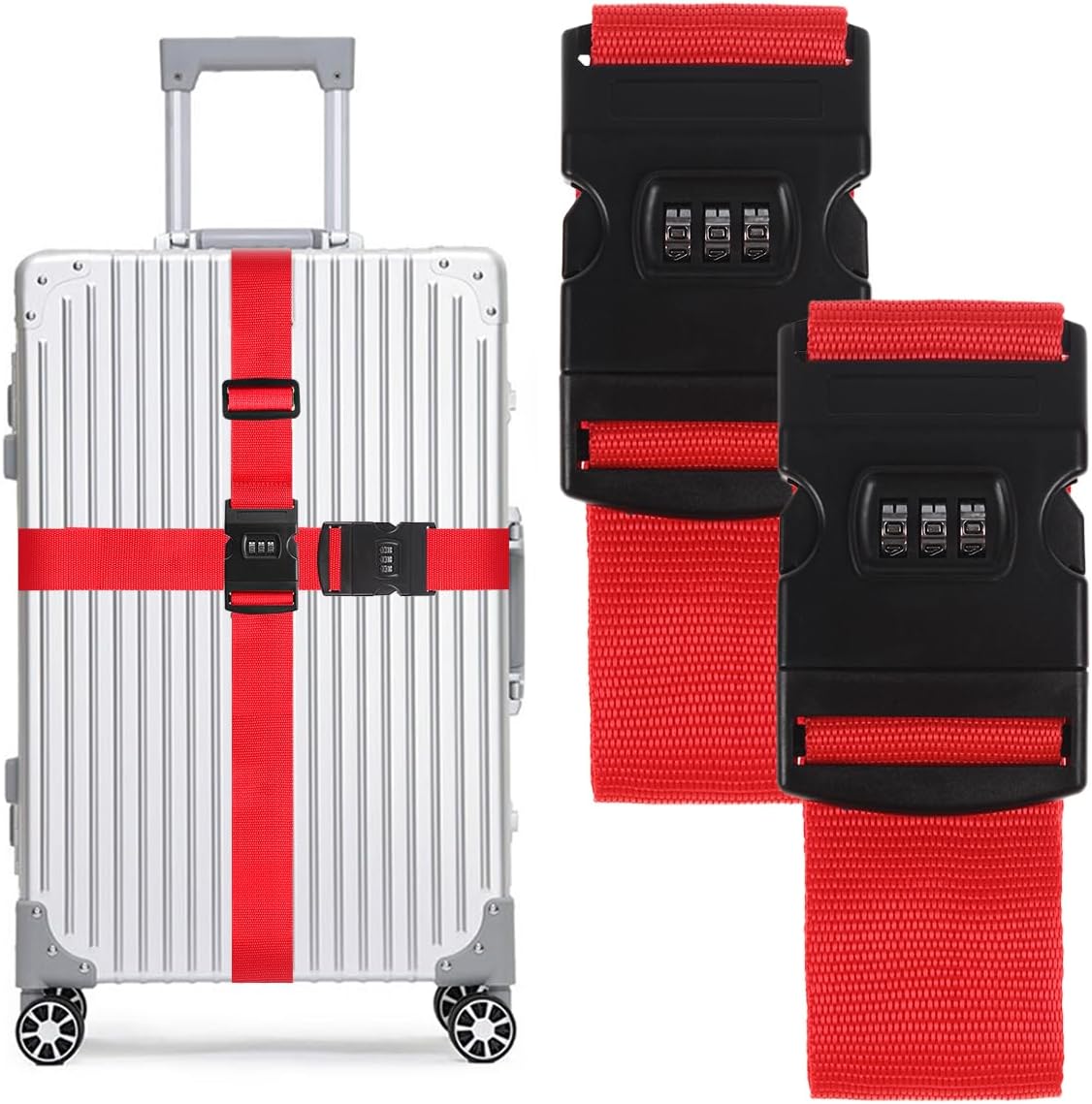 2-Pack T Tersely Luggage Straps with Combination Lock - Secure and Convenient Travel Accessories (Red)