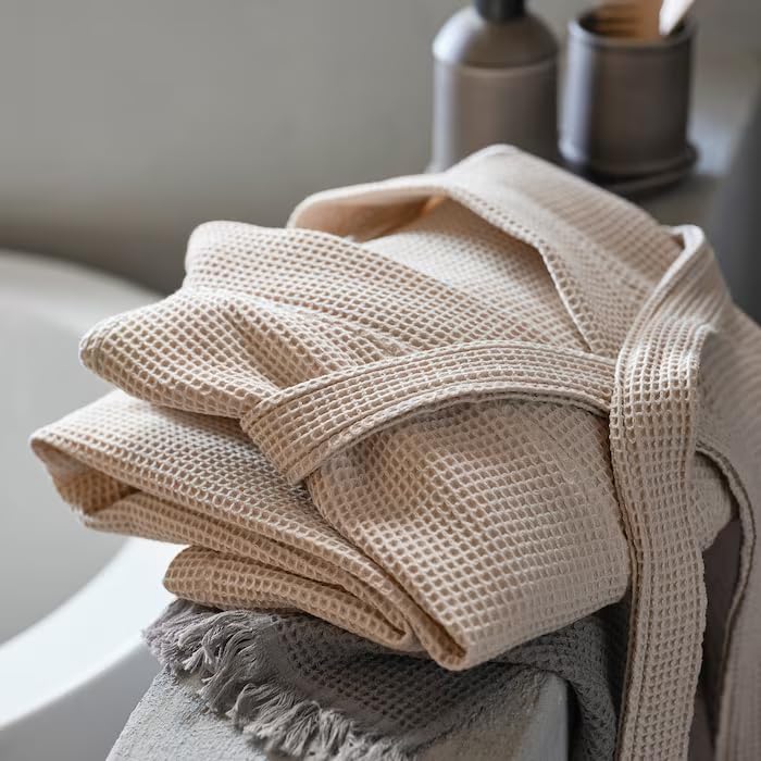 Beige Waffle Weave Bathrobe – Soft & Lightweight, Knee Length Loungewear – Unisex Bathrobe for Bath, Shower, or Lounge – Size S/M2