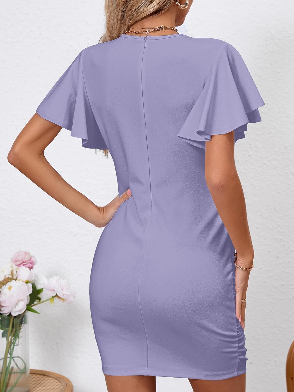 Women's Sexy V Neck Ruffle Sleeve Bodycon Mini Cocktail Party Dress Casual Short Sleeve Work Dress - Image 4