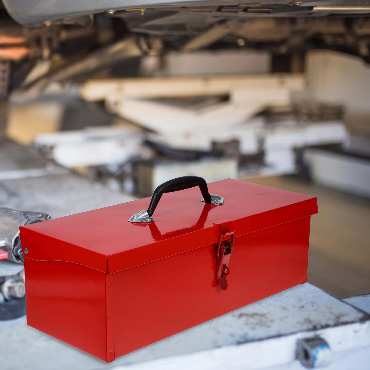 Robusta cassetta degli attrezzi in acciaio rosso, chiudibile a chiave, 39 x 16 x 13 cm, durevole offerta per casa, garage e progetti fai da te, soluzione ideale per riporre strumenti e accessori