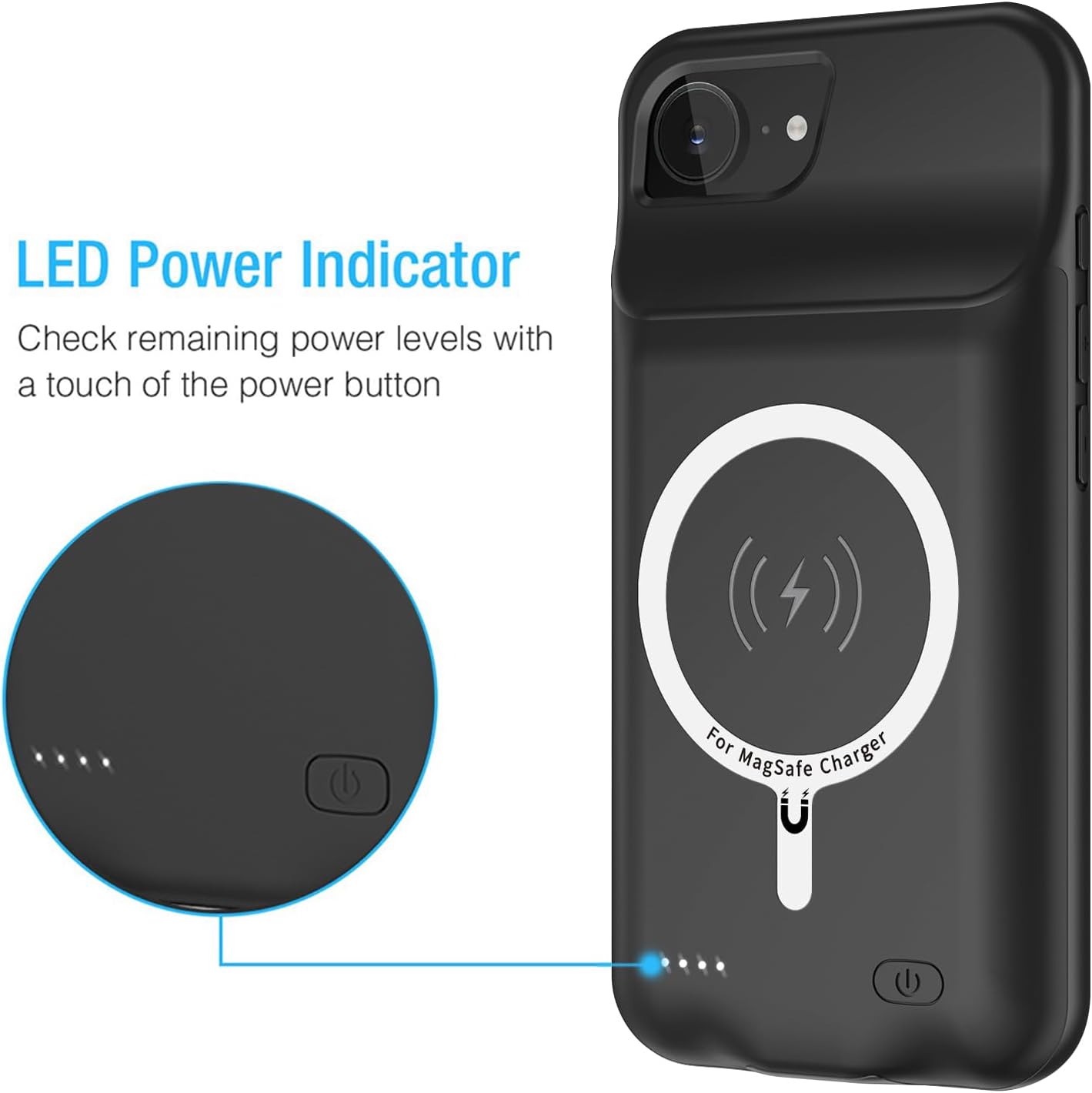 Battery Case for iPhone 16e/17e, 10000mAh Portable Protective Wireless Charging Case Support Carplay Compatible with iPhone 16e /17e (6.1 inches) Rechargeable Extended Battery Charger Cover (Black)
