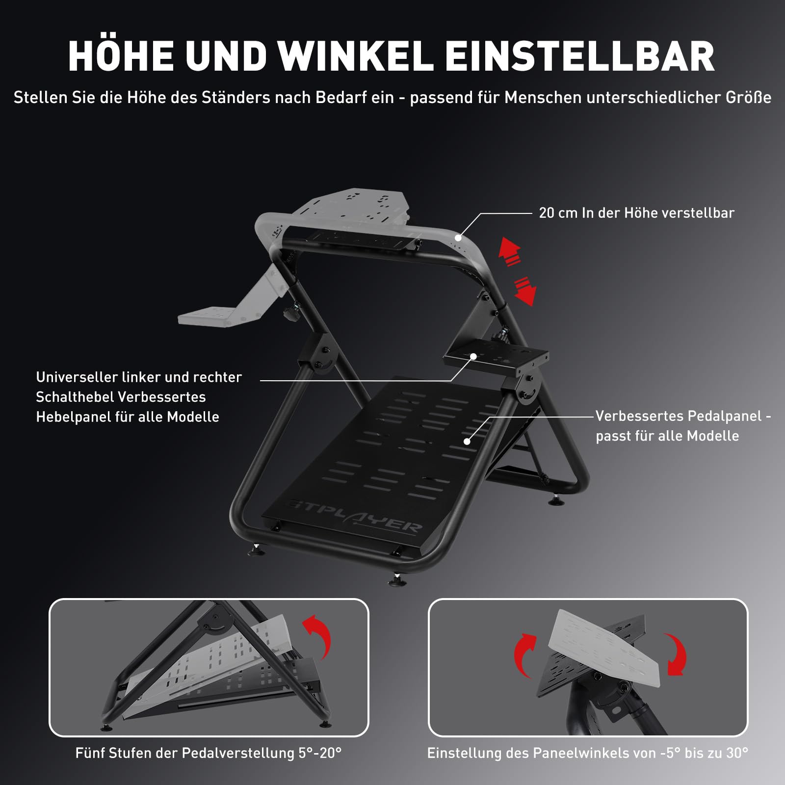 GTPLAYER Lenkradständer Sim Racing Steering Wheel Stand G920 G29 G25 G27 G923 T300RS, höhen- und winkelverstellbar mit Schalthebelhalterung