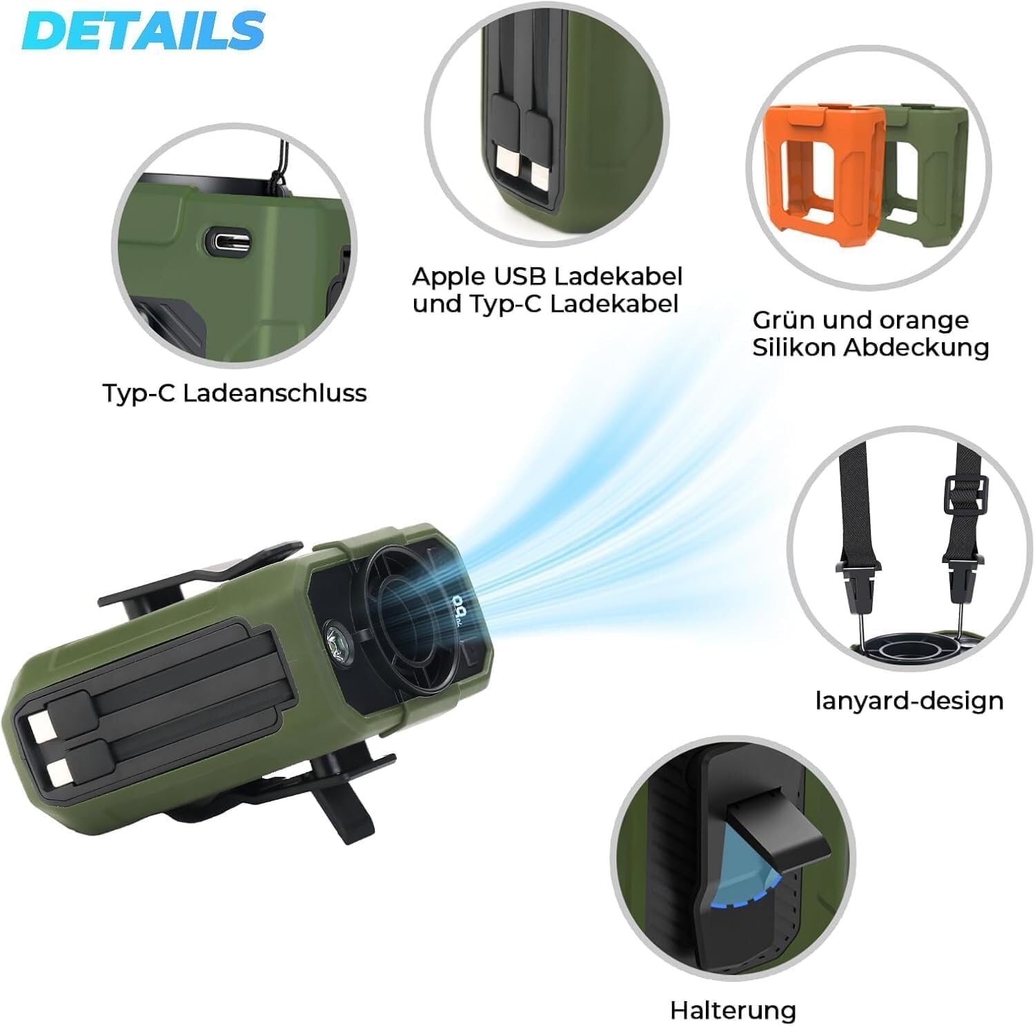 Clip On Fan 4 in 1 Portable Waist Fan 10000MAH Battery Operated 5 Speeds Wind Neck Fan Rechargeable for Cooling Outdoor Camping (Orange/Green)
