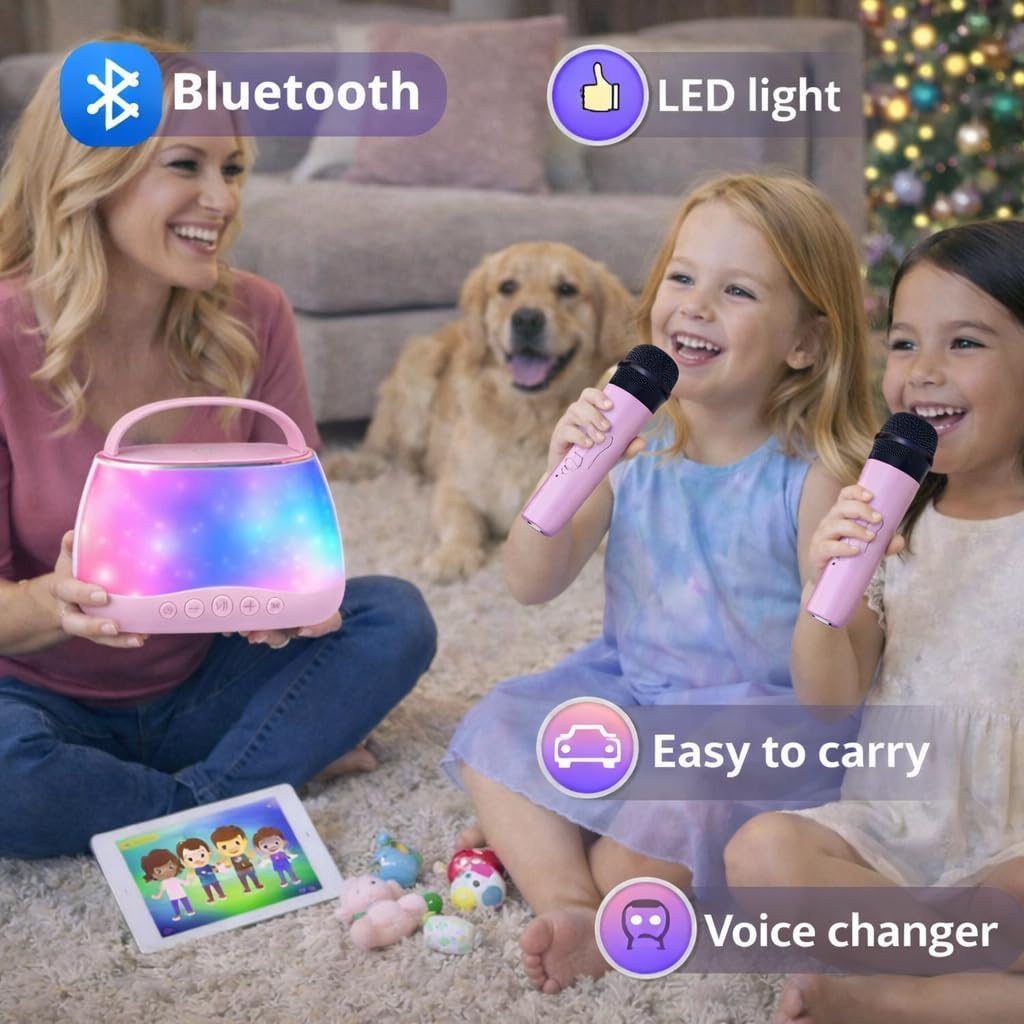 Kids Karaoke Machine with 2 Wireless Microphones, Bluetooth Speaker with Voice Changer & LED Lights, Portable Singing Toy Gift for Boys & Girls Ages 3–12 - Image 5