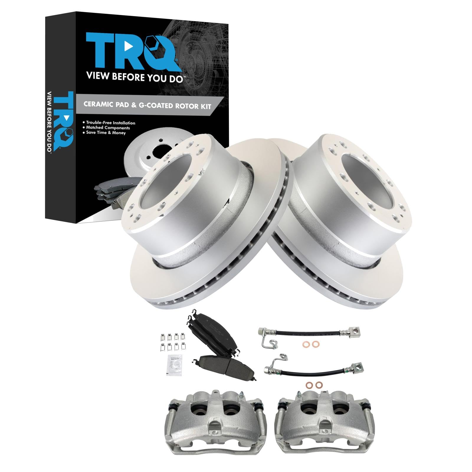 TRQ Rear Brake Pad &amp; Rotor Kit Ceramic Premium G-Coated Compatible with 2014-2014 Ram 3500