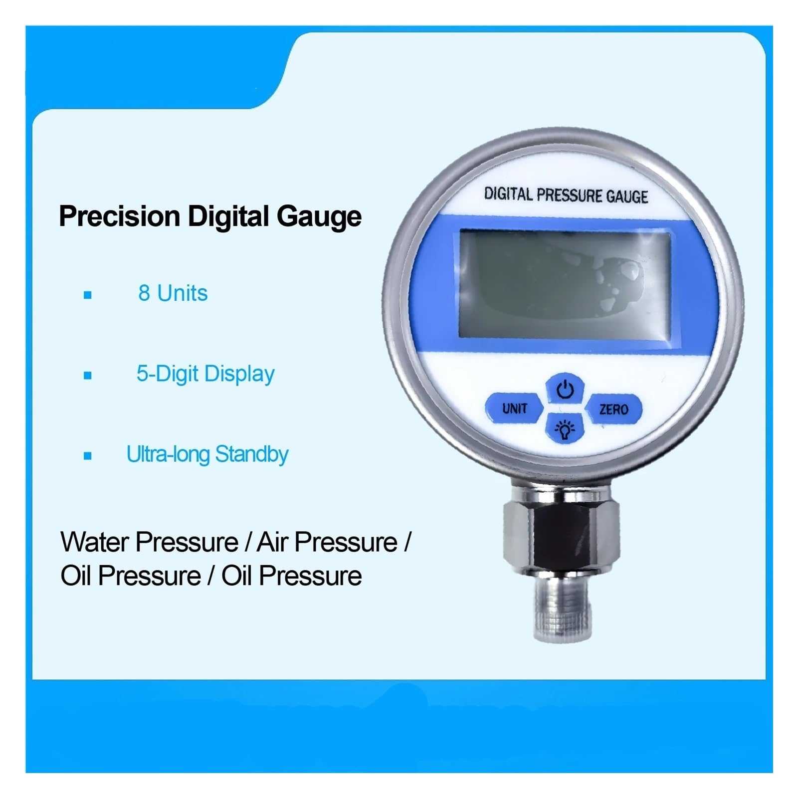 Manómetro Digital de presión YB80A, manómetro vacío precisión, Pantalla Alta, Sensor Acero Inoxidable Alimentado por batería(NPT1-4,0-1.6MPA)