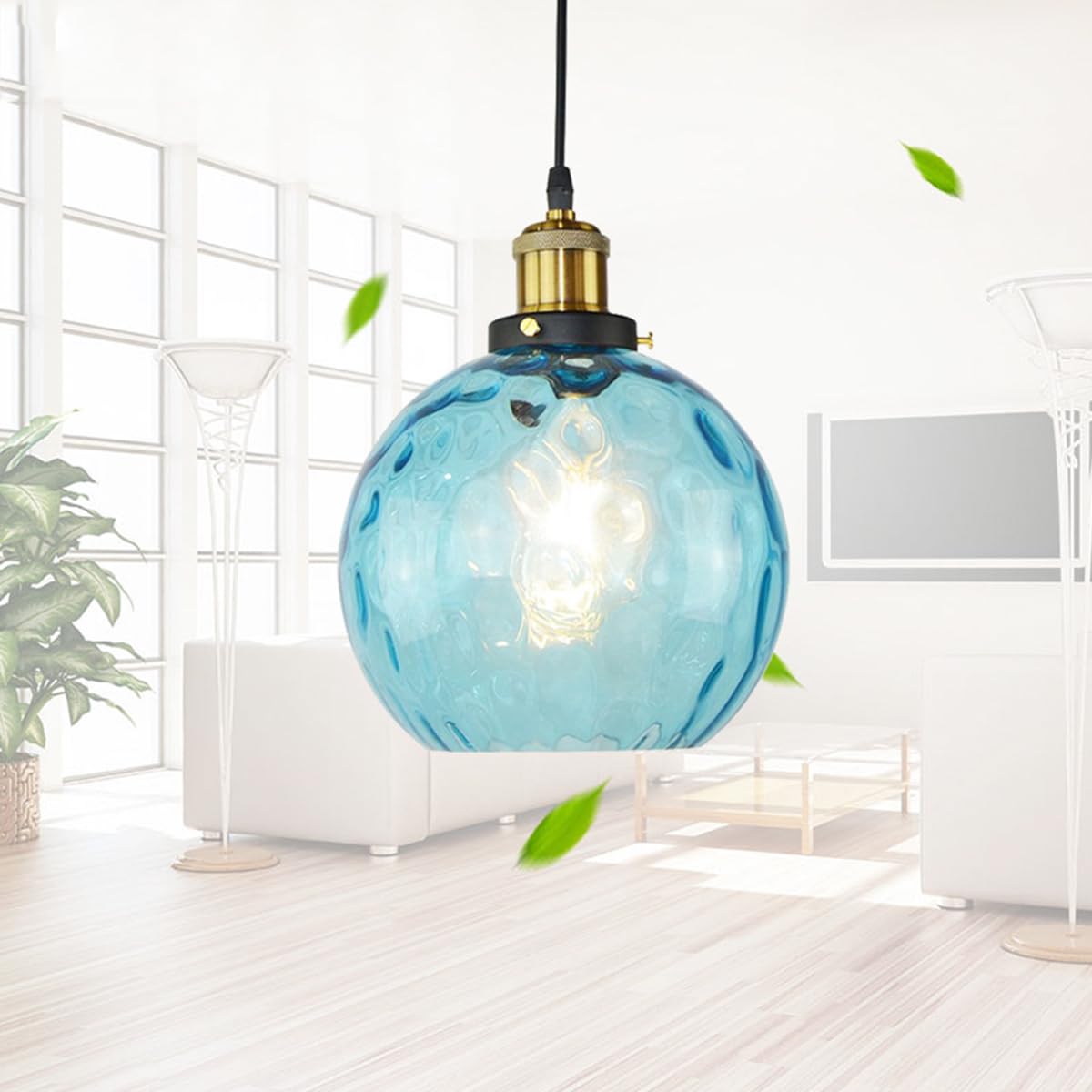 Wisząca szklana kula 20 cm (7,9 cala) Nowoczesne złote wykończenie z niebieską szklaną kulką. Regulowana lampa wisząca do wystroju domu, idealna do salonu, na wyspę