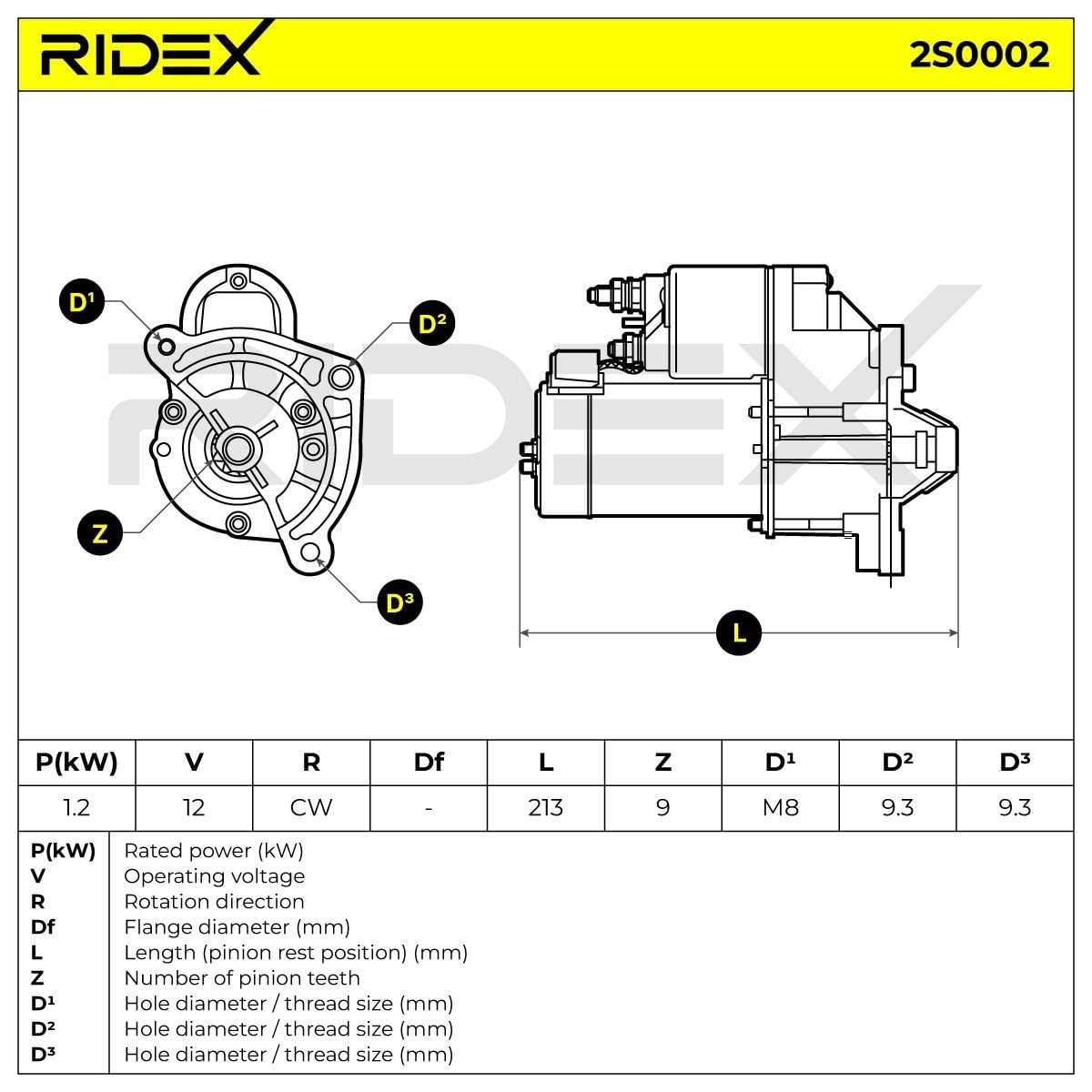 RIDEX 2S0002 Démarreur pour voiture 12V, 1,2KW, Compatible avec PEUGEOT 206 3/5 portes 2A/C 5802E8 5802CG 5802C9
