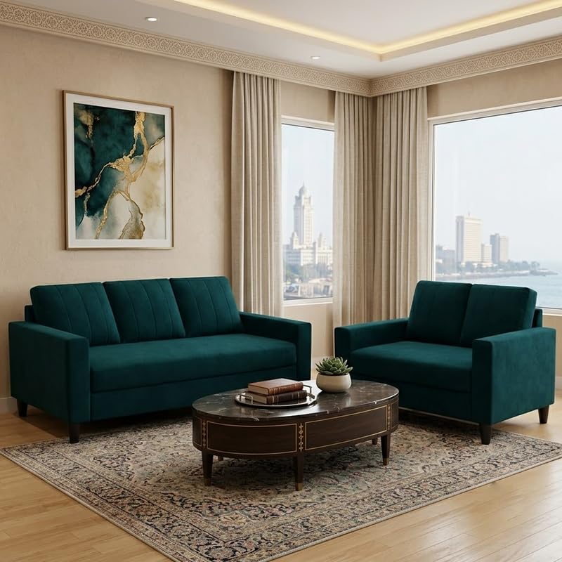 Image of Hendrick Plush Velvet 3 Seater + 2 Seater Sofa Set | Silken Velvet Suede Upholstery | Designer Sofa Set for Living Room & Office Spaces (Green Teal)
