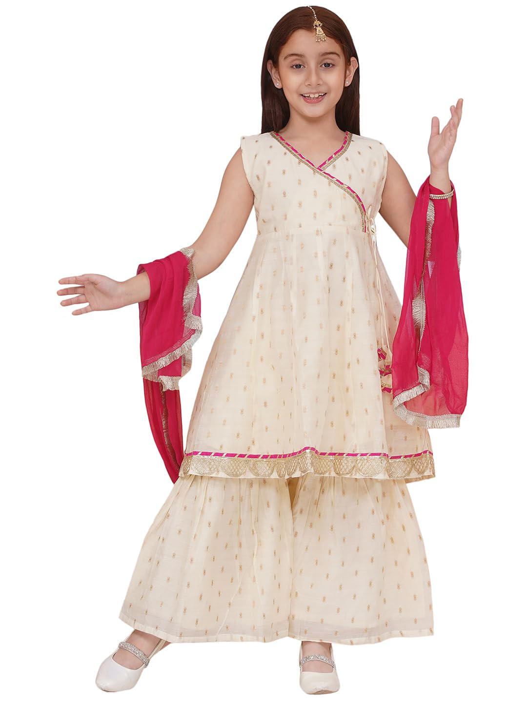 Preneum Girls's Cotton Rayon Gota Pati Floral Printed Angrakha Kurta With Sharara & Dupatta, Cream, 15-16 Years