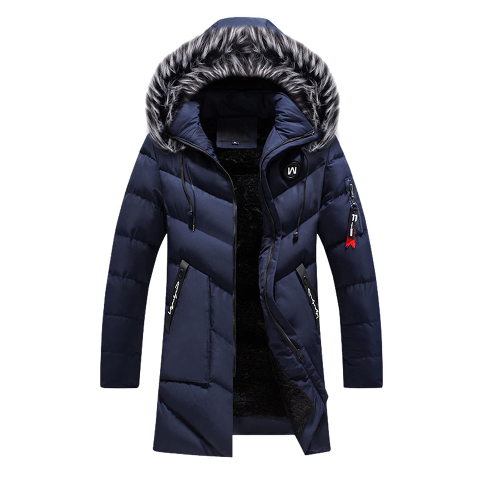 Doudoune Homme à Capuche Amovible Avec Fourrure Hiver Chaud Veste Ave Zippé MatelasséE Couleur Unie Slim Coupe-Vent Pardessus Manteau Longue à La Mode VêTements En Coton