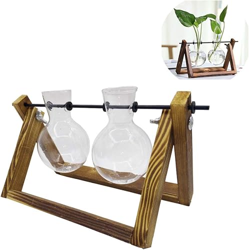 Planta Terrario Soporte de madera, Jardinera de cristal de escritorio y soporte giratorio de metal para plantas hidropónicas decoración del hogar (2