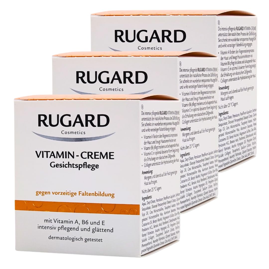 Vitamin Creme Gesichtspflege 3x 100 ml I gegen vorzeitige Faltenbildung I intensiv pflegend und glättend I Collagen, Vitamin A, Vitamin E, Vitamin B6 I Spar-Set plus Pharma-Perle givew-away