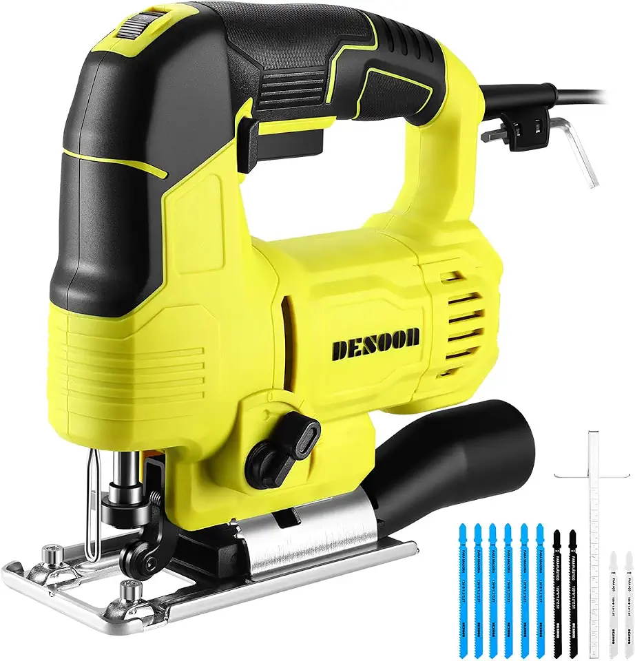 DESOON Serra Tico-Tico Profissional 750W Potência Real, Motor de Cobre, Inclui 10 Serras, Base de Aço, Corte Inclinado até 45°, Corte em Madeira 65mm e Aço 6mm