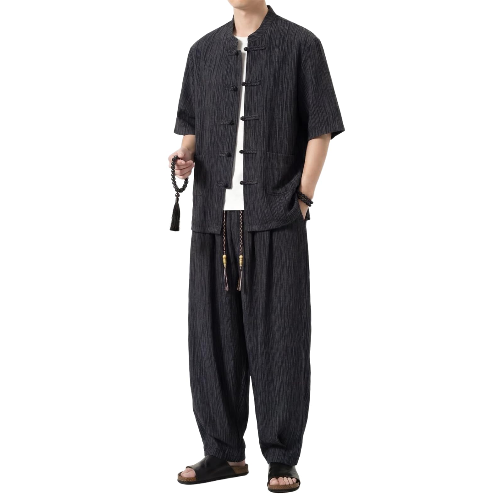 Męski garnitur w stylu chińskim Tang Ice Silk Casual Athletic Krótki rękaw Długie spodnie 2-częściowy strój