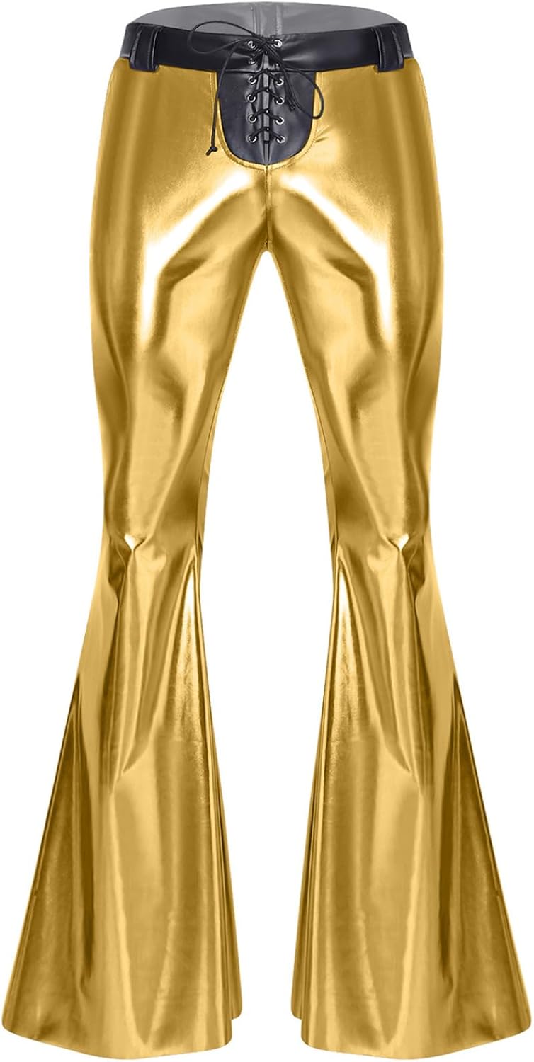 Mens Shiny Metallic Disco Dance Bell Bottoms Front Lace-up Flared Pants for Rave Dance Party
