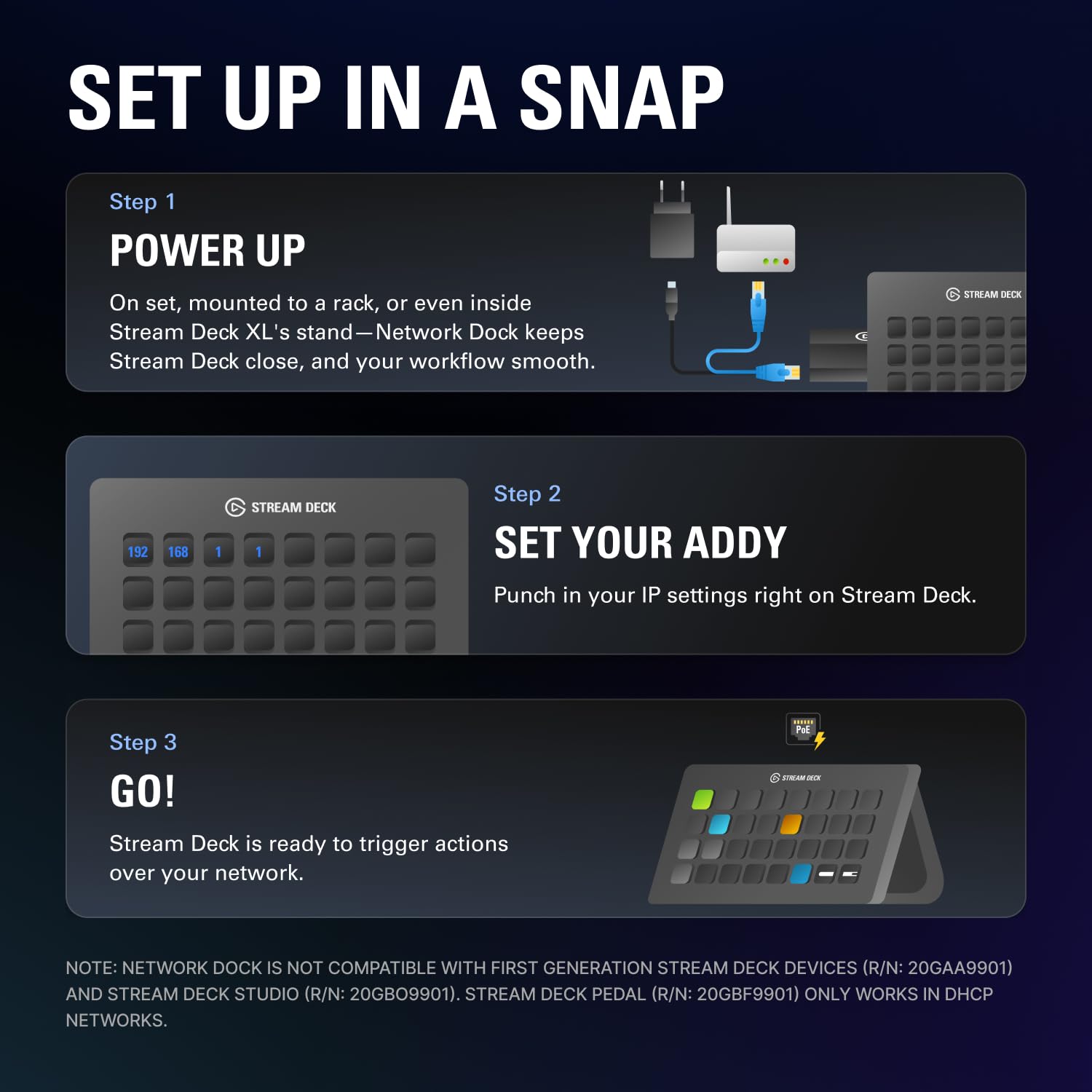 Elgato Station d'accueil réseau pour Stream Deck - Adaptateur Ethernet Filaire, Alimentation PoE ou USB, Installation Facile sur l'appareil, se Monte sur Un Bureau, Un Mur ou Un Support SDXL, pour