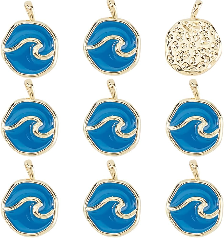 DICOSMETIC 10Pcs Sea Wave Charms Bulk Real 18K Gold Plated Ocean Wave Charms Brass Enamel Flat Round Pendants 18.5x14x4mm with 3x2mm Hole for DIY Jewelry Making, Sailor Blue