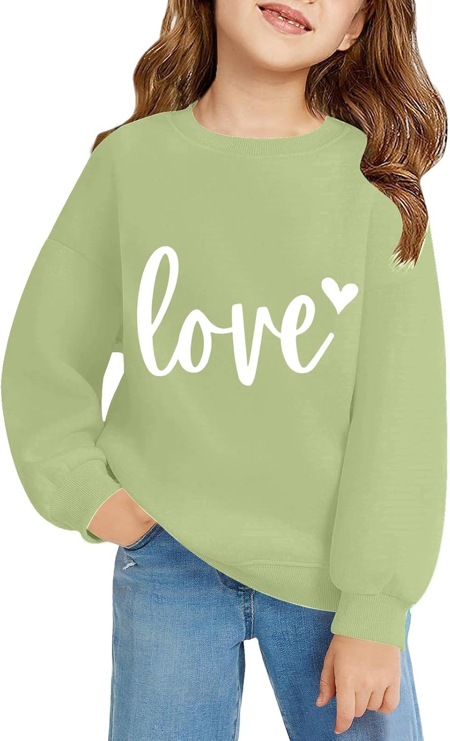 Girls Crew Neck Sweatshirts Oversized Cute Heart Graphic Pullover Casual Long Sleeve Soft Cotton School Sporty Sweaters
