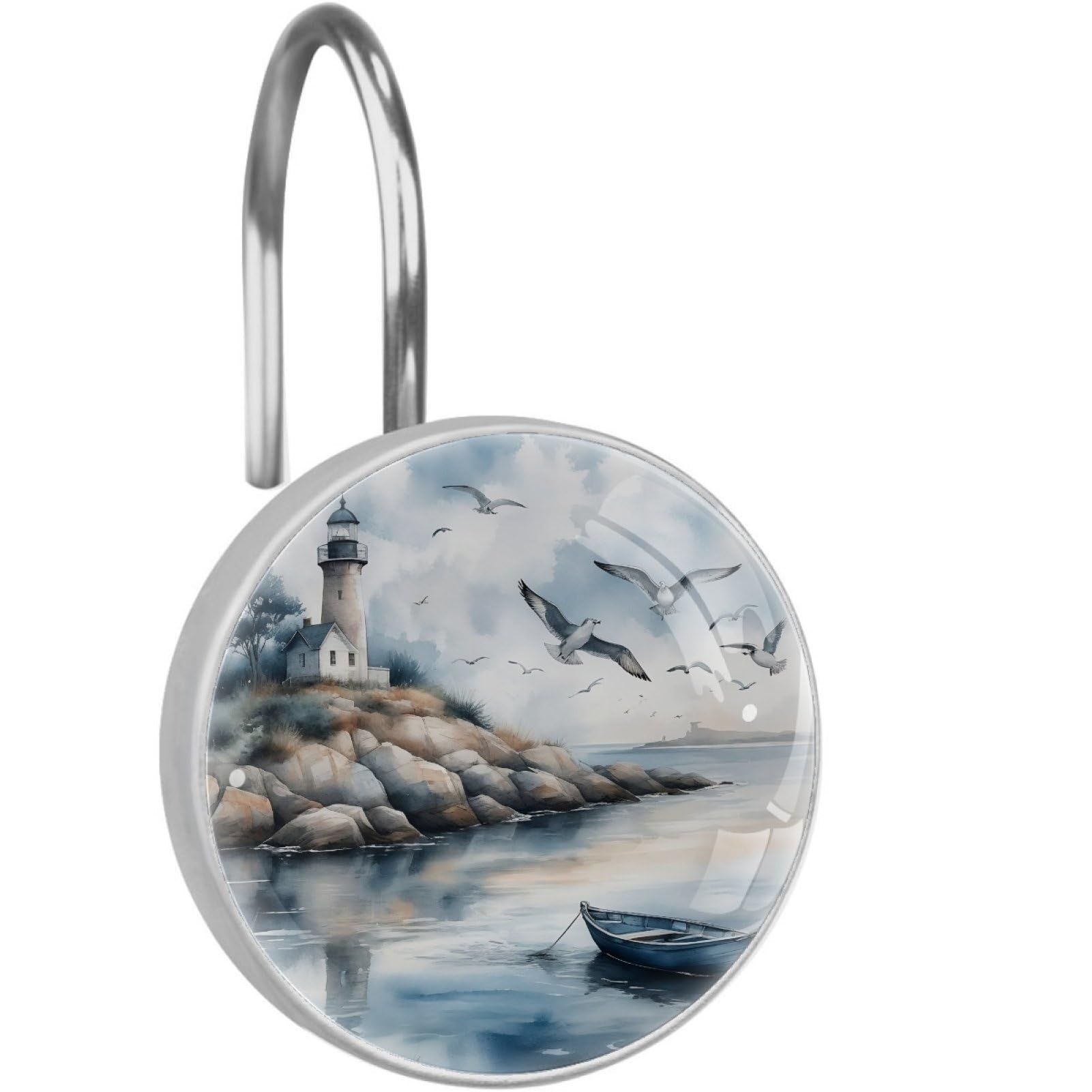 VAPOKF Decorative Shower Curtain Hook, Watercolor Lighthouse Rustproof Stainless Steel Shower Curtain Hook for Bathroom, Shower Curtain Hangers for Shower Rod