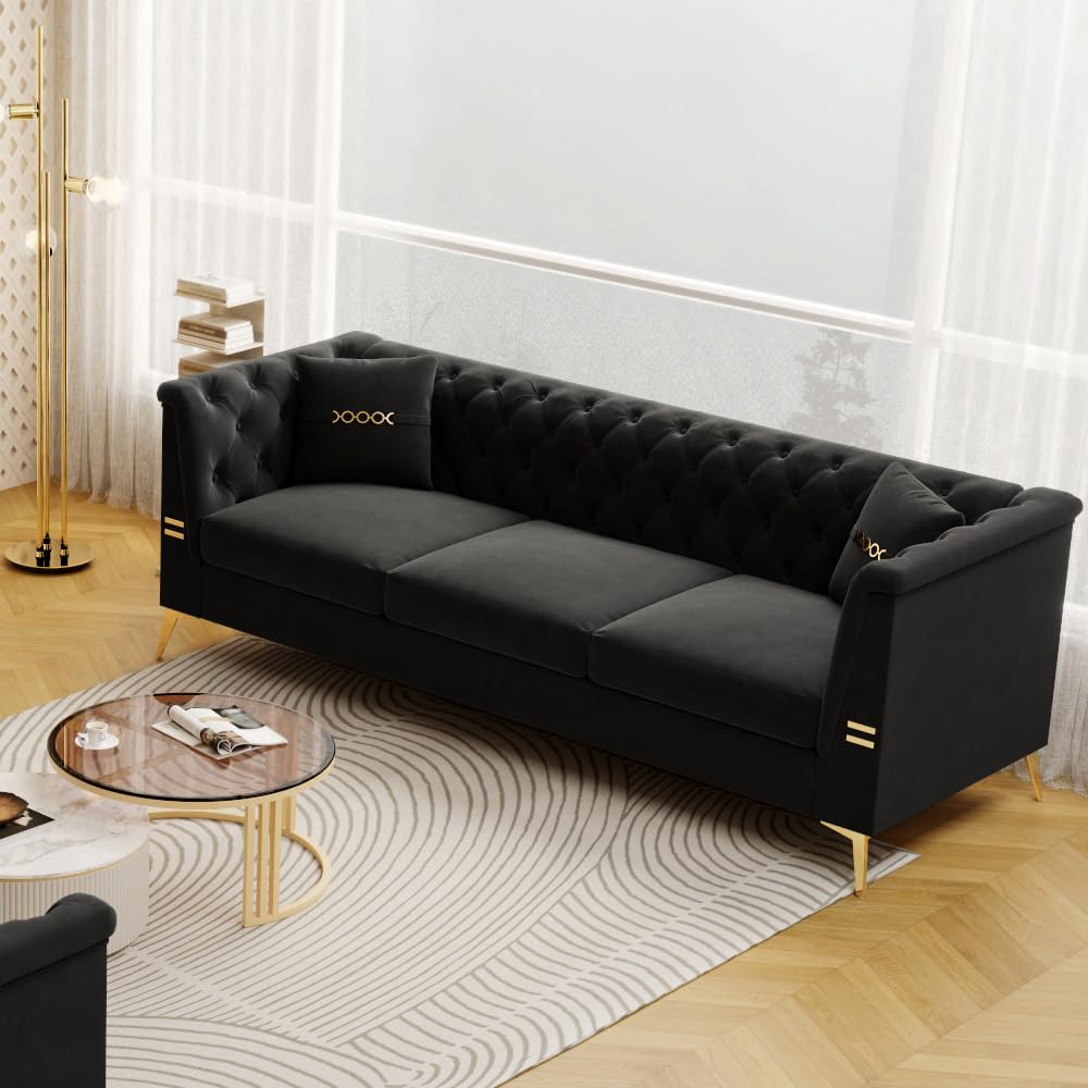 DAMAIFROM Chesterfield Sofa Sectional Couch with Metal Legs, 82.6" Velvet Couch Black and Gold Sofa Luxury Loveseat for Living Room, Tufted Sofas with