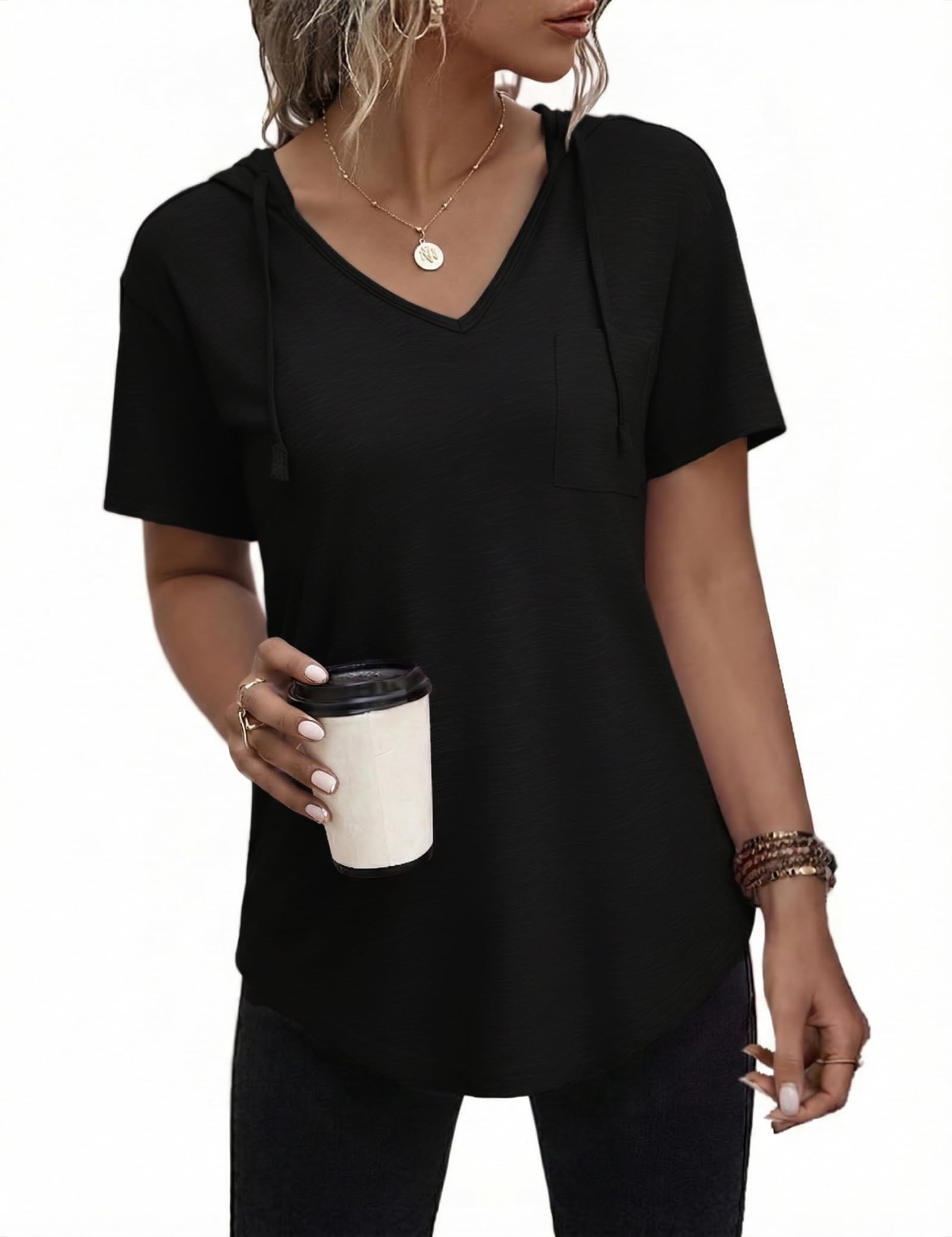 Aottori Tshirt Damen Hoodie V Ausschnitt Kurzarm Locker Oberteile Sommer Basic T-Shirt Elegant Einfarbig Stretch Drawstring Top Shirt