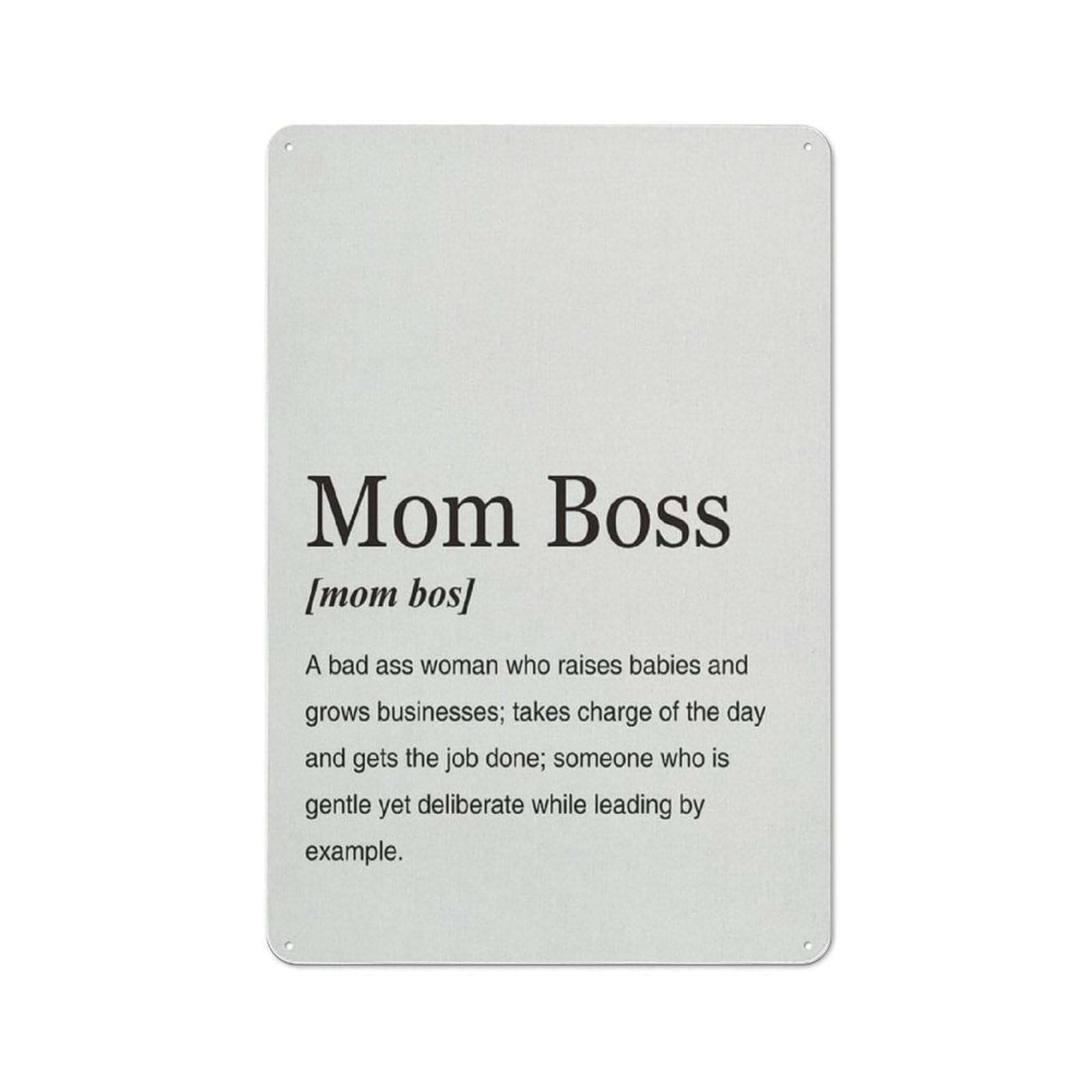 Rustic Metal Tin Sign, Mom Boss Definition Print, Home Office Minimalist Inspirational Decor 12x8 Inch