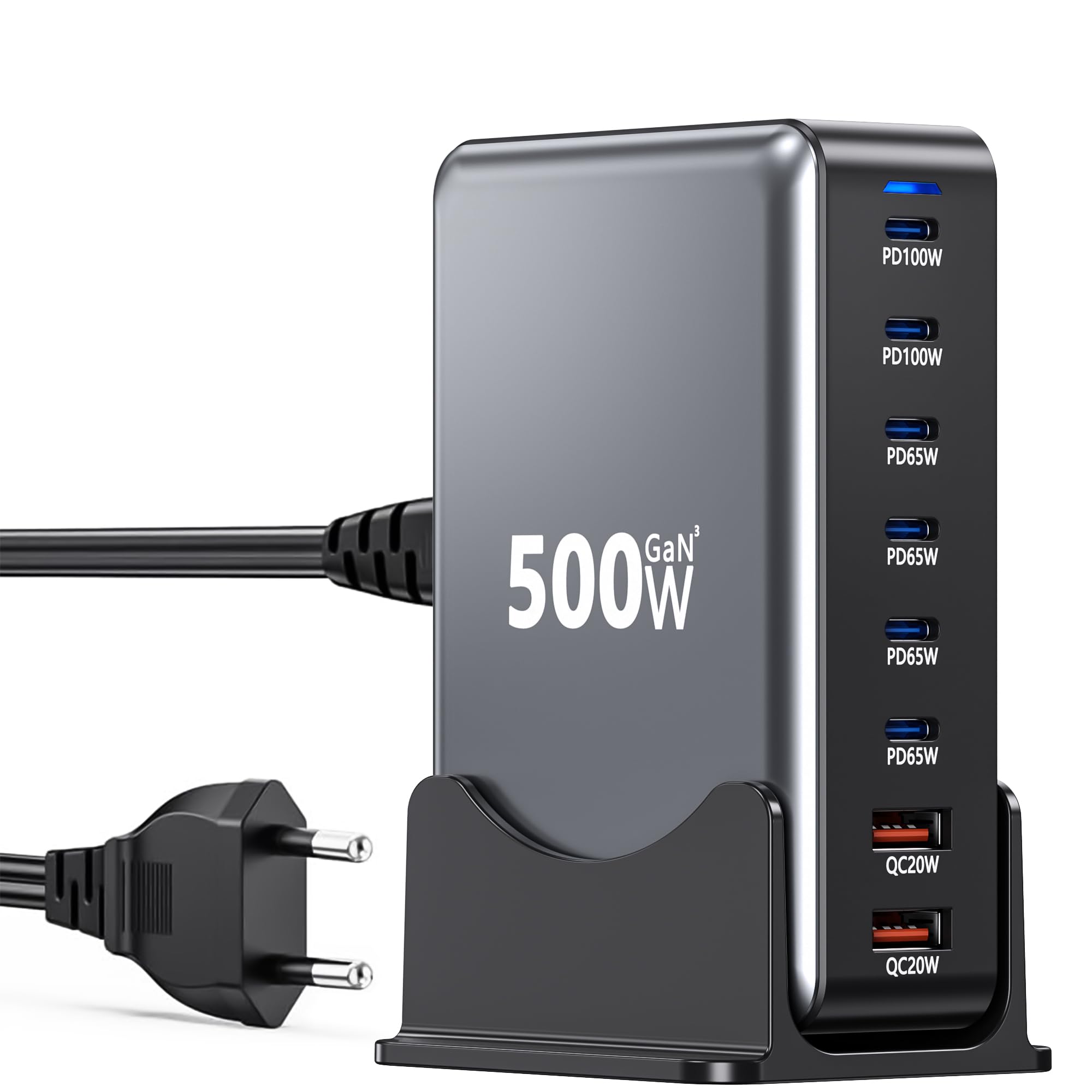 Caricabatterie USB C 500W, Caricatore Rapido 8 in 1 a Spine Multiple【2PD100W+4-PD65W+2QC3.0USBA】, Stazione di Ricarica Alimentatore GaN III PPS, Compatibile con MacBook Pro/Air/iPad/iPhone/Samsung