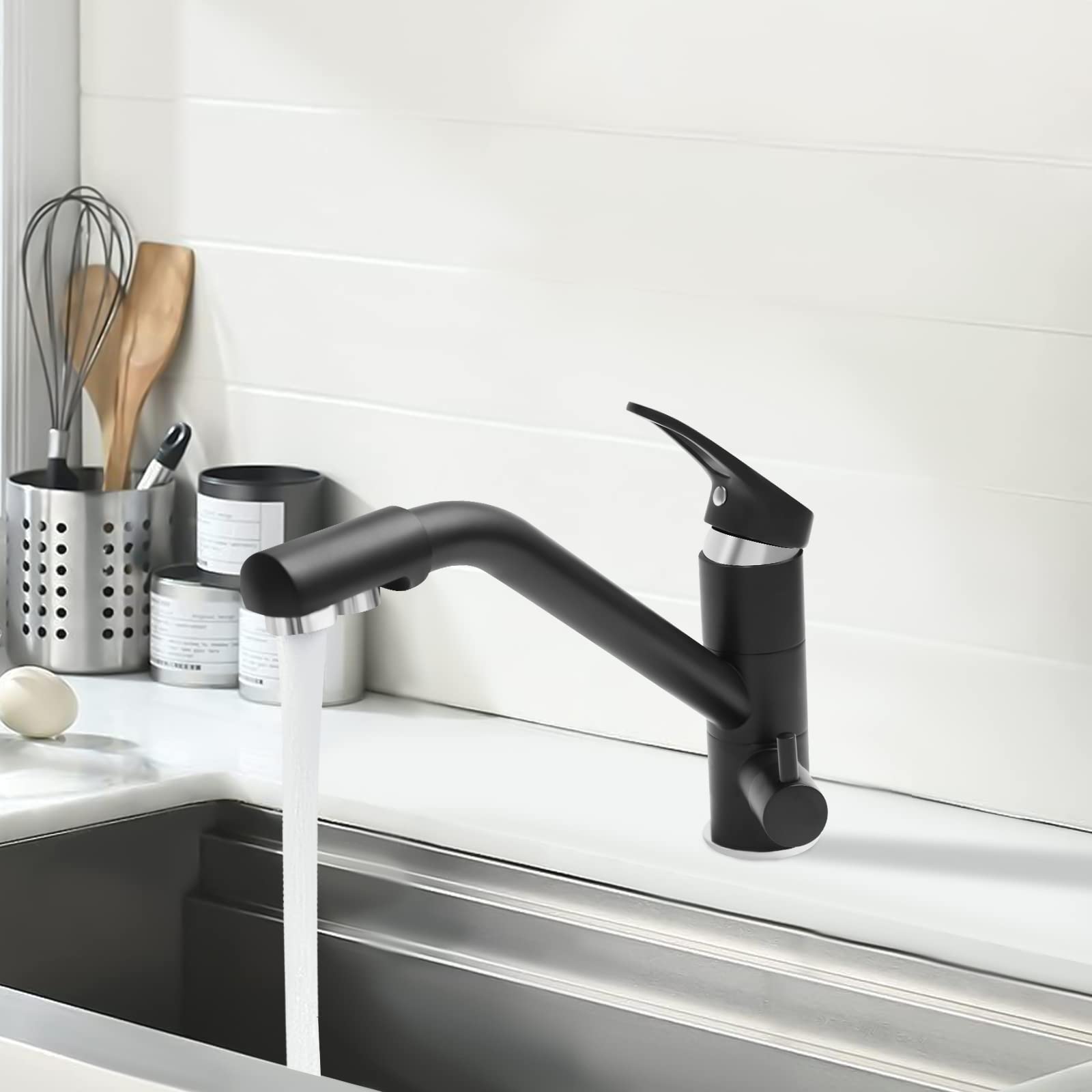 Grifo de 3 vías, grifo de agua potable, giratorio 360°, grifo mezclador de cocina con dos asas de control, grifo mezclador de cocina 3 en 1, adecuado para baños, lavabos