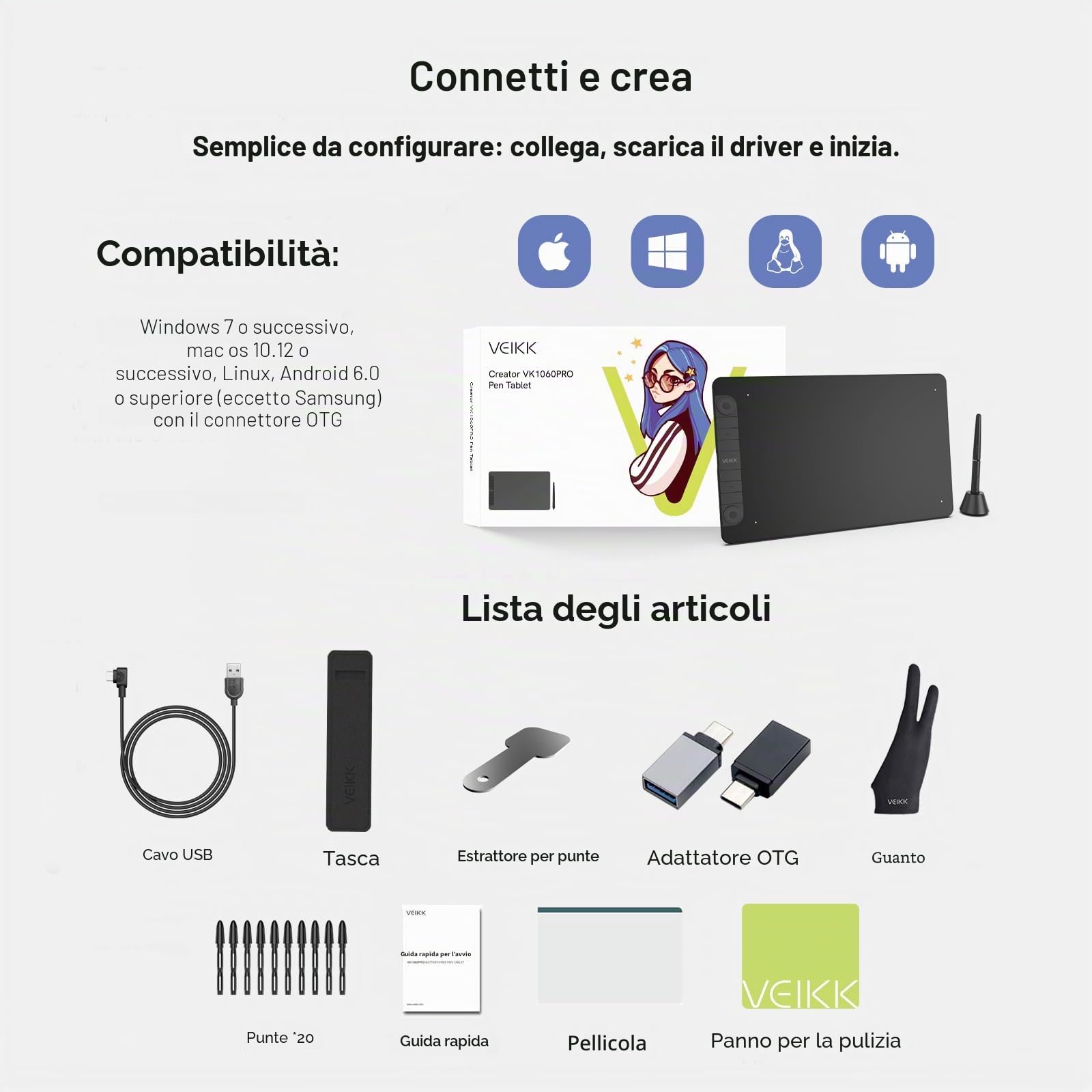 VEIKK Tavoletta grafica VK1060PRO V2, tavoletta grafica da 10 x 6 pollici con 8 tasti di scelta rapida con penna senza batteria e 8192 livelli di pressione professionali, compatibile con Win/Linux/And