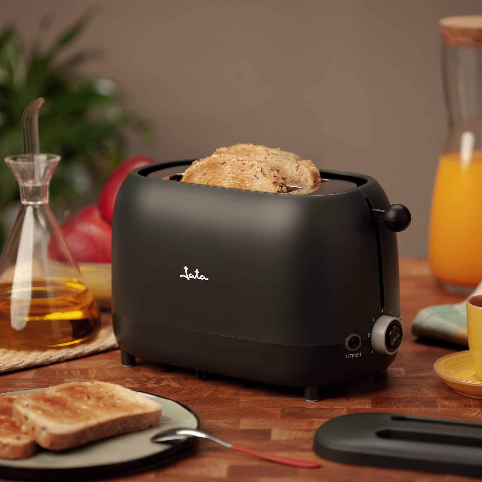 Jata JETT1262 - Tostadora 2 Ranuras Anchas 750 W, 7 Niveles de Tostado, Centrado Automático, Función Descongelar y Mantener Caliente, Apagado Automático, Bandeja Recogemigas, Tapa Protectora