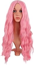 MapofBeauty 28 Inch/70 cm Long Wavy Middle Part with No Bangs Synthetic Fiber Curly Fashion Women Party Cosplay Wig (Light Pink)