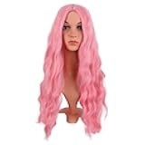 MapofBeauty 28 Inch/70 cm Long Wavy Middle Part with No Bangs Synthetic Fiber Curly Fashion Women Party Cosplay Wig (Light Pink)