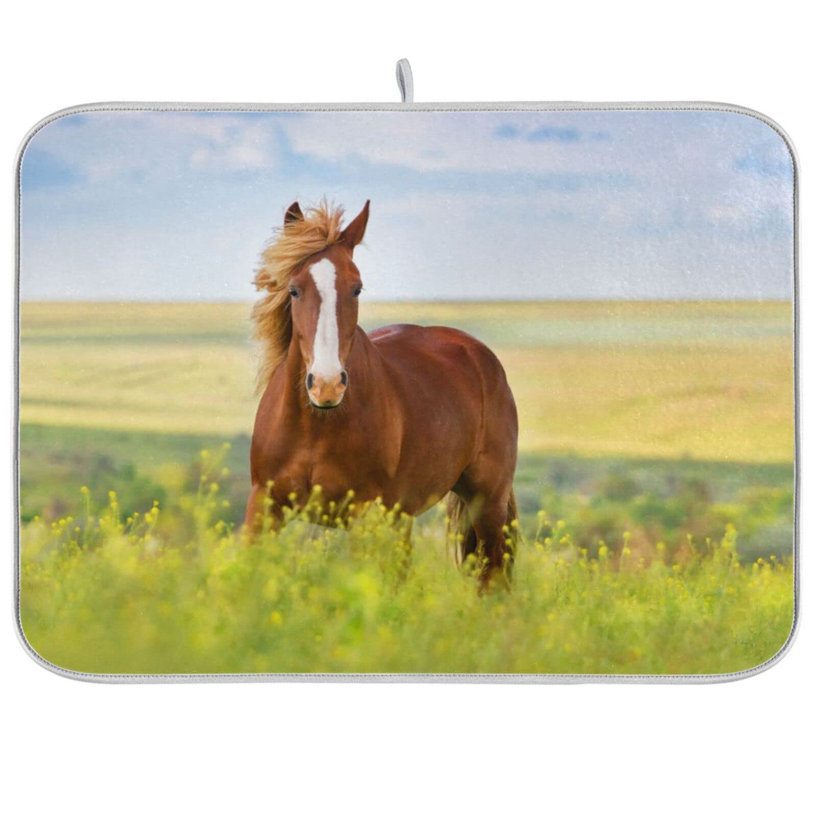 Mnsruu Absorbent Dish Drying Mat Horse and Flower Field Dishes Drainer Protector Pad Pot Holder with Hanging Loop for Kitchen Countertops Sinks Refrigerator 46 x 61 CM โ image 1