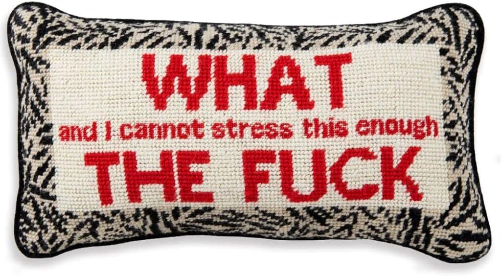 FURBISH Needlepoint Decorative Throw Pillow - WTF - 8" x 14" - Small Embroidered Accent Pillow for Bed, Chair, Couch, Sofa - Eclectic Home Decor