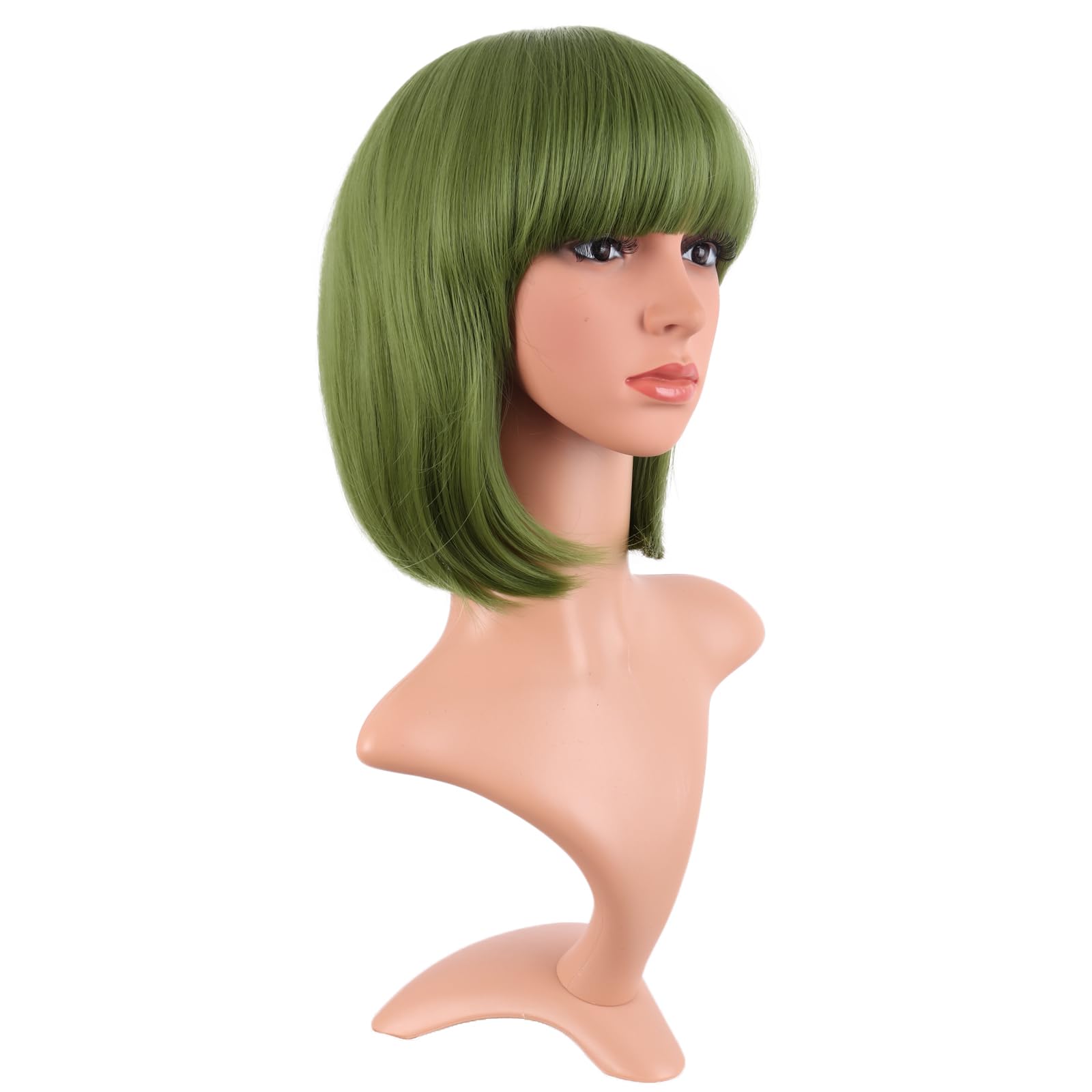 MapofBeauty 12 Inch /30 cm Fashion Lady Short Straight Synthetic Flat Bangs Bob Wig (Olive Green), 21.5 inches - Image 2