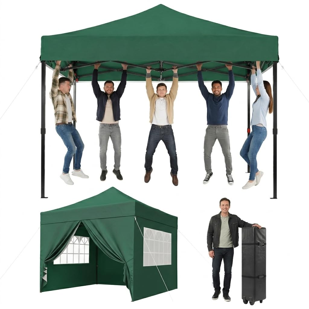 Aoxun Pop Up Gazebo with Sides 3m x 3m Waterproof Outdoor Canopy with Wheeled Carrybag,6 Weight Bags, 8 Stakes and 4 Ropes, Heavy Duty Instant Shelter for Garden Party BBQ, Green