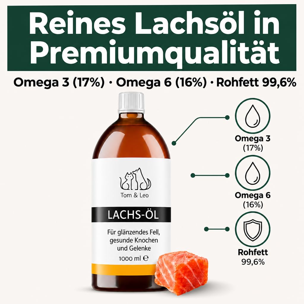 Tom & Leo Huile de saumon pour chiens et chats 1000 ml – Huile de saumon sauvage avec oméga 3-6-9, idéale pour la peau et le pelage, huile de poisson de qualité supérieure pour chiens
