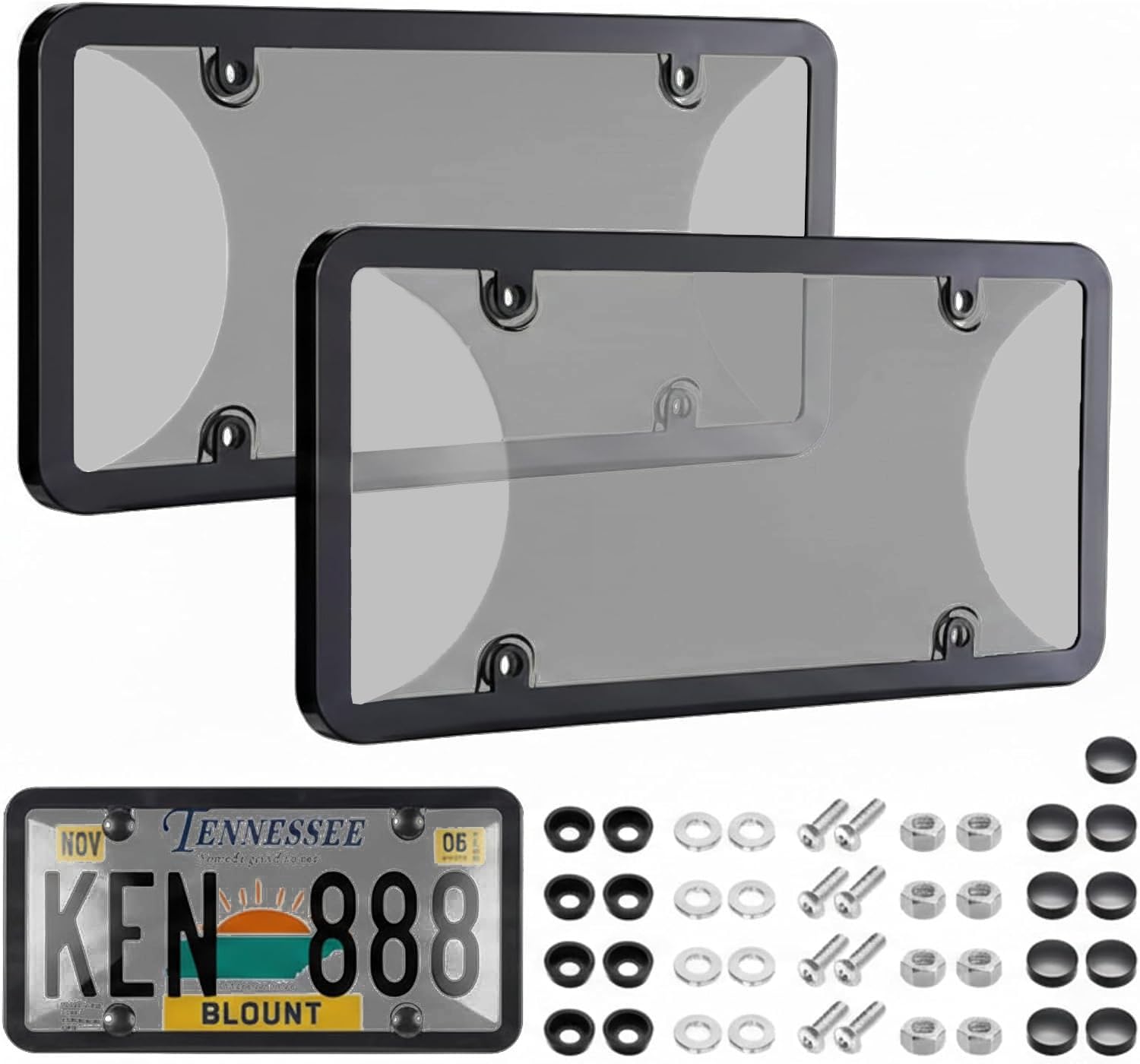 Photo 1 of License Plate Protector 2PCS, Clear License Plate Cover & Frames, Rust-Proof Auto Car License Plate Covers and Frames Holder with Screws & Caps, Universal Tag Cover for License Plate (Black)