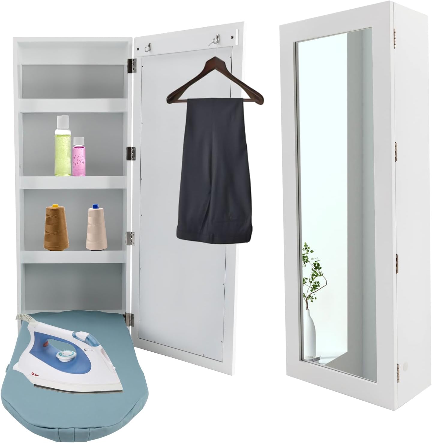 Wall Mount Ironing Board Cabinet w/Iron Storage, L37.5*H14 Built in Ironing Board Cabinet w/Mirror & 3 Shelves for Home,Apartment, Hotel, Laundry Room